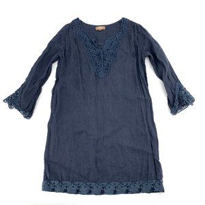 Women's Carla‎ Conti Blue Boho Linen Dress XS Floral Embroidered Cotton
